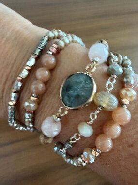 Multi-Strand Peach and Rose Gold Beaded Bracelet - Women's Jewelry